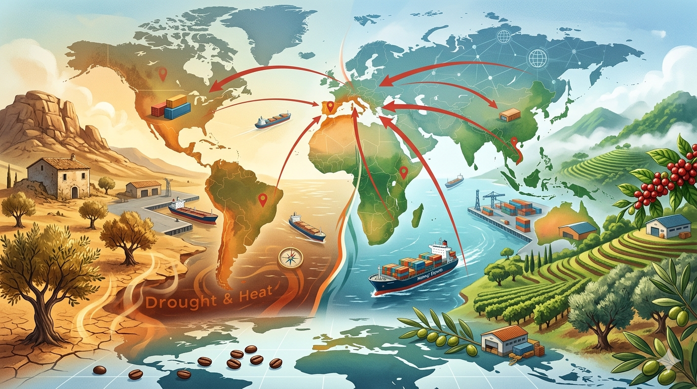Infographic showing global trade route shifts for coffee and olive oil due to rising temperatures and drought.