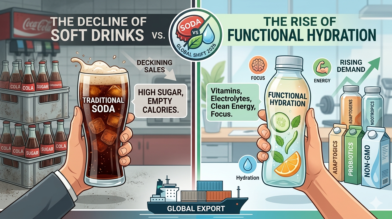 Comparison of a traditional sugary soda bottle next to a modern functional hydration drink with health benefit icons.