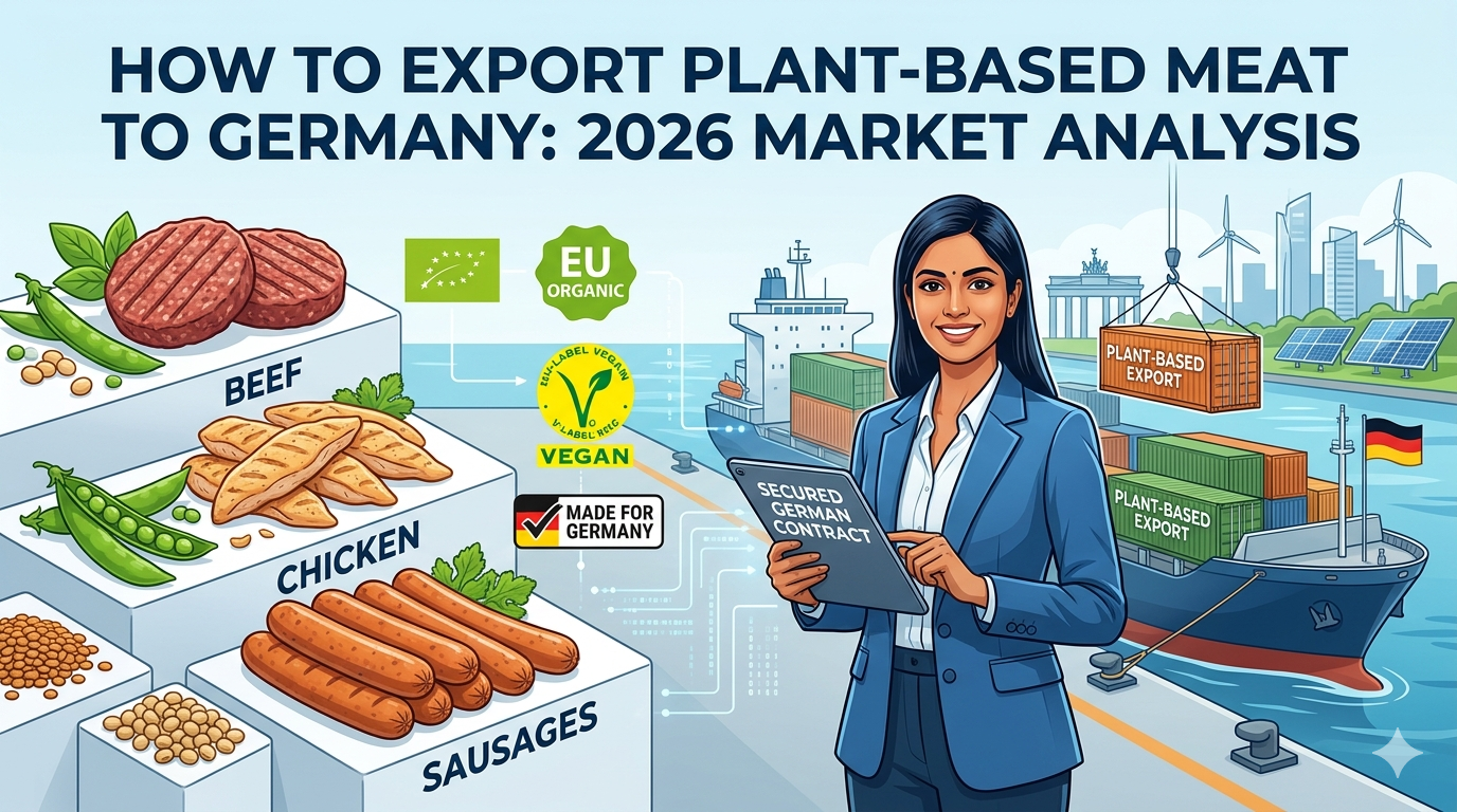 Professional display of plant-based meat products with German EU organic and V-Label certification seals for export.