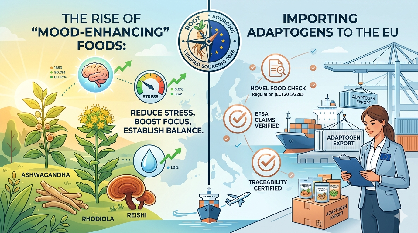 Graphic showing various adaptogenic roots and herbs next to modern functional food packaging for the European export market.