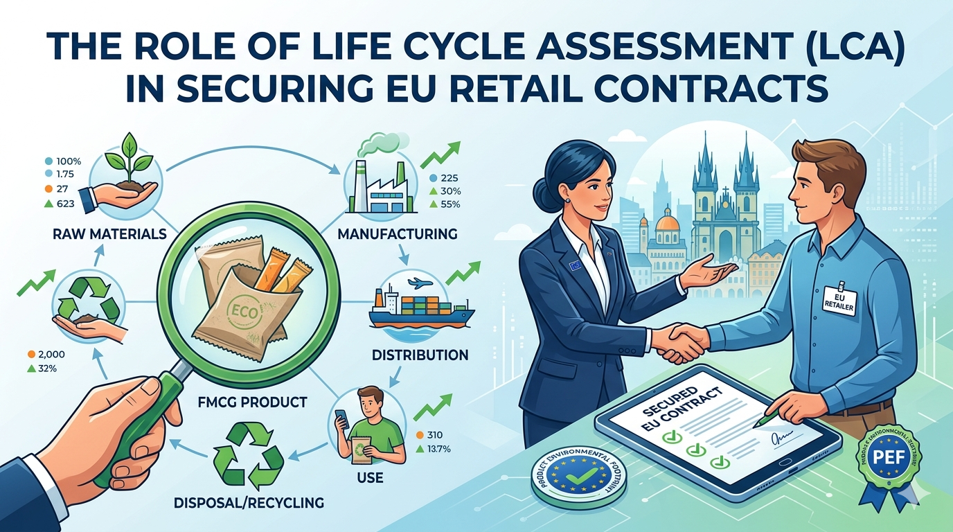 Infographic showing Life Cycle Assessment stages from raw materials to recycling for EU retail sustainability compliance.
