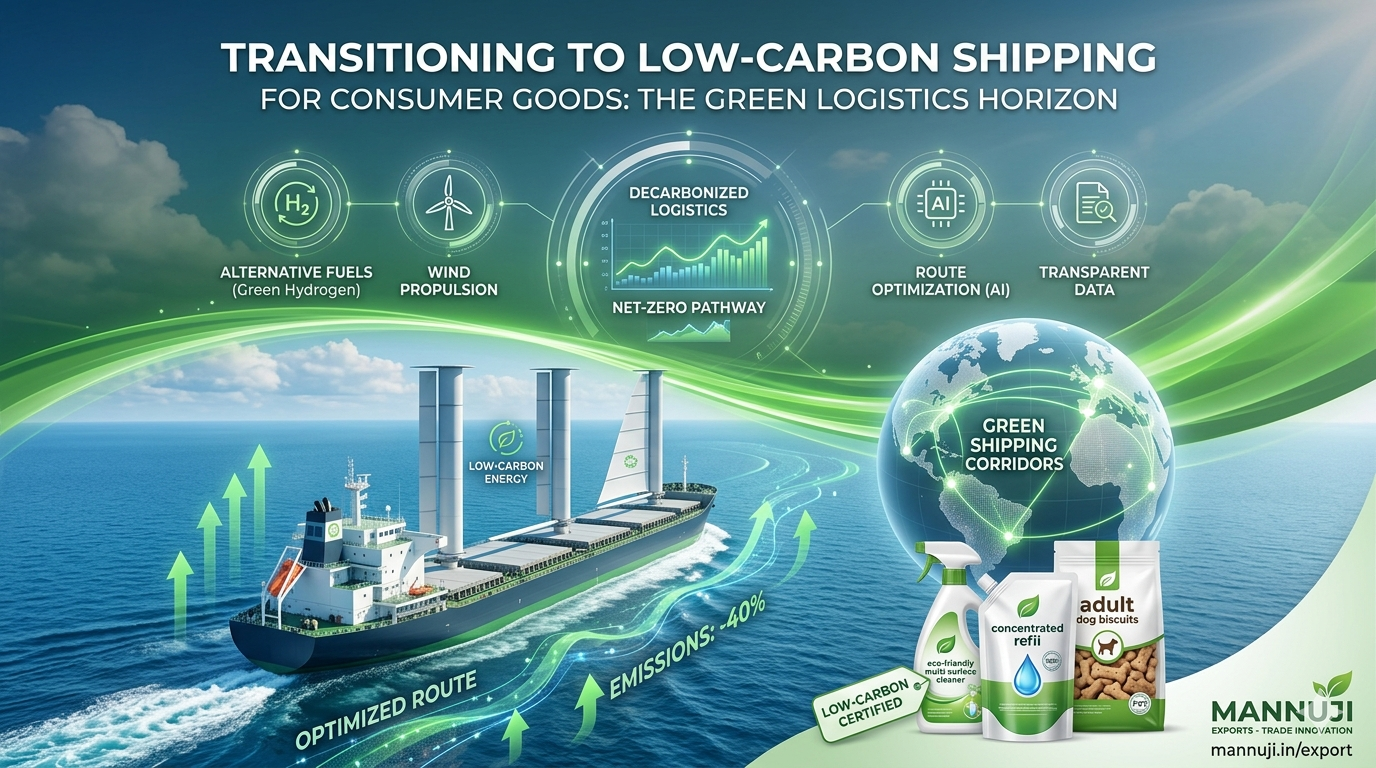 A modern cargo ship with high-tech wind sails traveling across a clear blue ocean, representing green shipping tech.