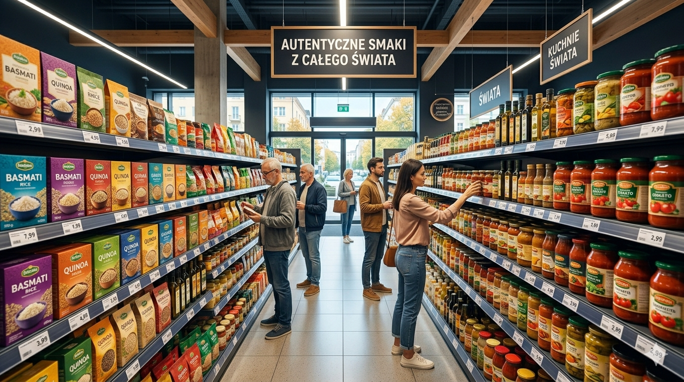 vibrant display of international food products in a modern Polish supermarket aisle, highlighting premium packaging.