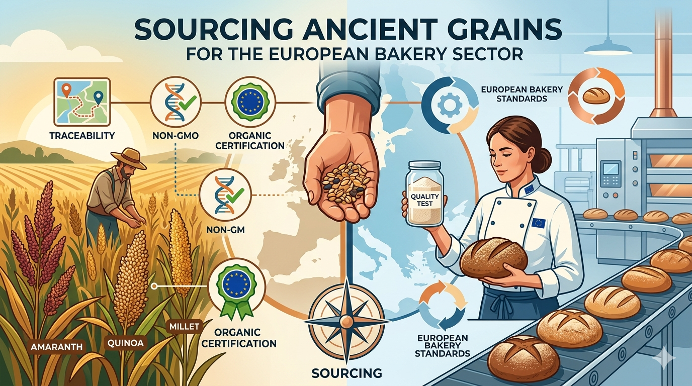 Baskets of diverse ancient grains like Millet, Quinoa, and Amaranth ready for quality testing for the European bakery sector.